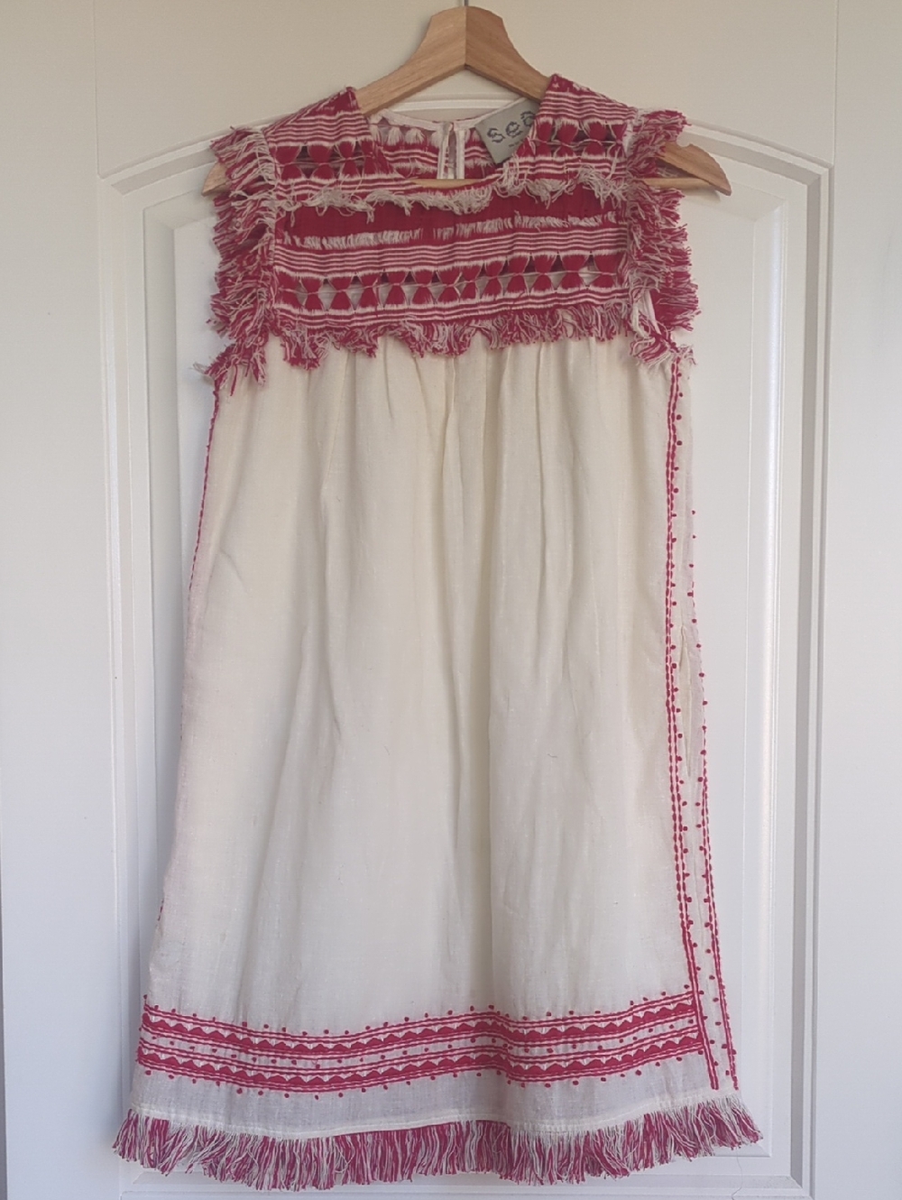 Sea New York Cream Mini Dress with Pink Embroidered Yoke and Fringe with Pockets